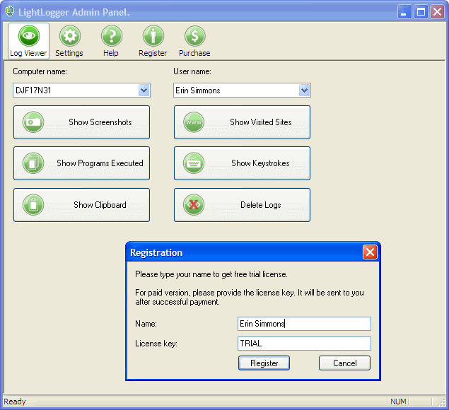 LightLogger Keylogger Registrering Dialog