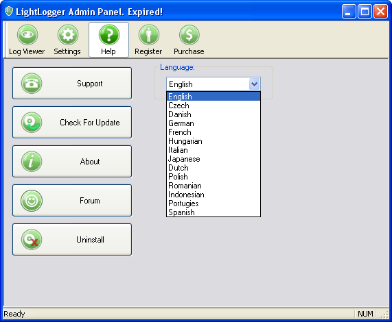 LightLogger Keylogger Skift sprog
