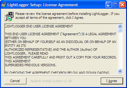 LightLogger Keylogger Licensaftale Dialog