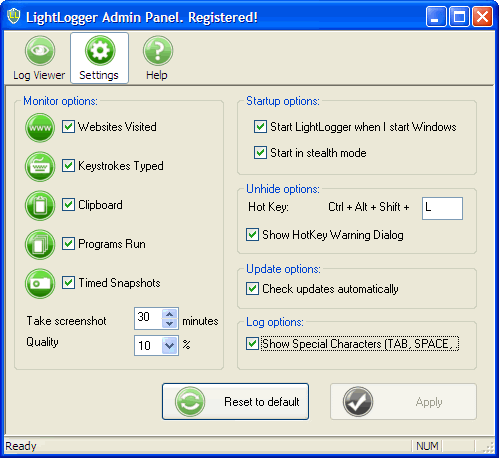 LightLogger Keylogger Indstillinger Side