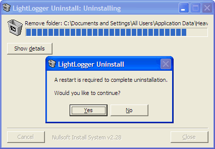 LightLogger Keylogger Afinstaller Bekræft Dialog