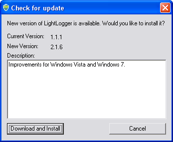LightLogger Keylogger Søg efter opdateringer Dialog