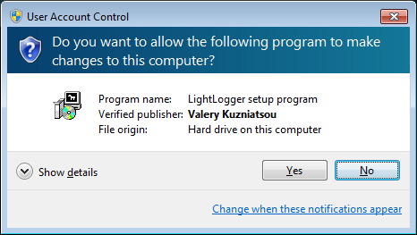 LightLogger Keylogger User Account Control (UAC) Dialog