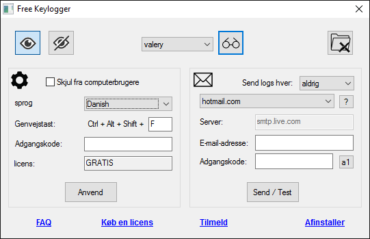 Free Keylogger Setting Page