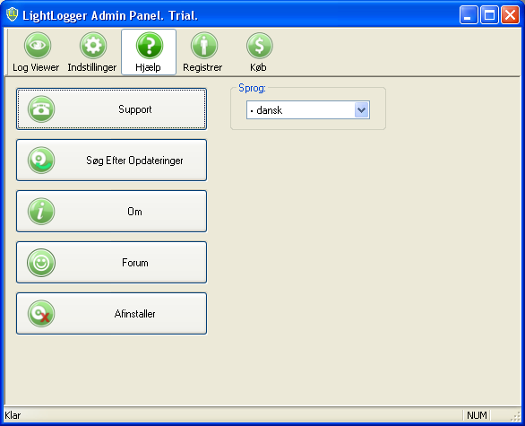 LightLogger Keylogger Hjælp Tab