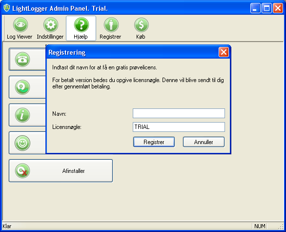 LightLogger Keylogger Registrering Window