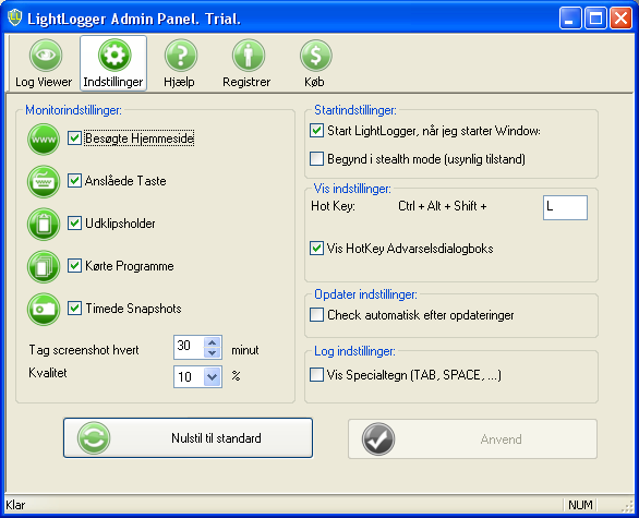 LightLogger Keylogger fanen Indstillinger